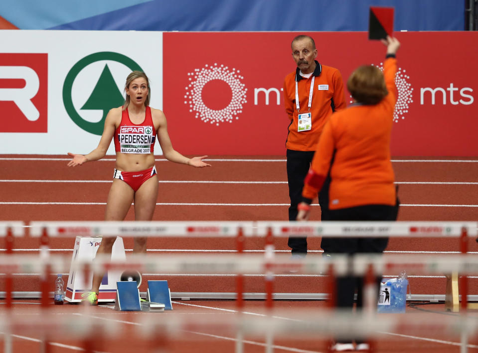 Isabelle Pedersen diskattiin varaslähdön vuoksi Belgradin EM-hallikisojen 60 metrin finaalista. Muutama minuutti myöhemmin hän sai sittenkin luvan kilpailla.