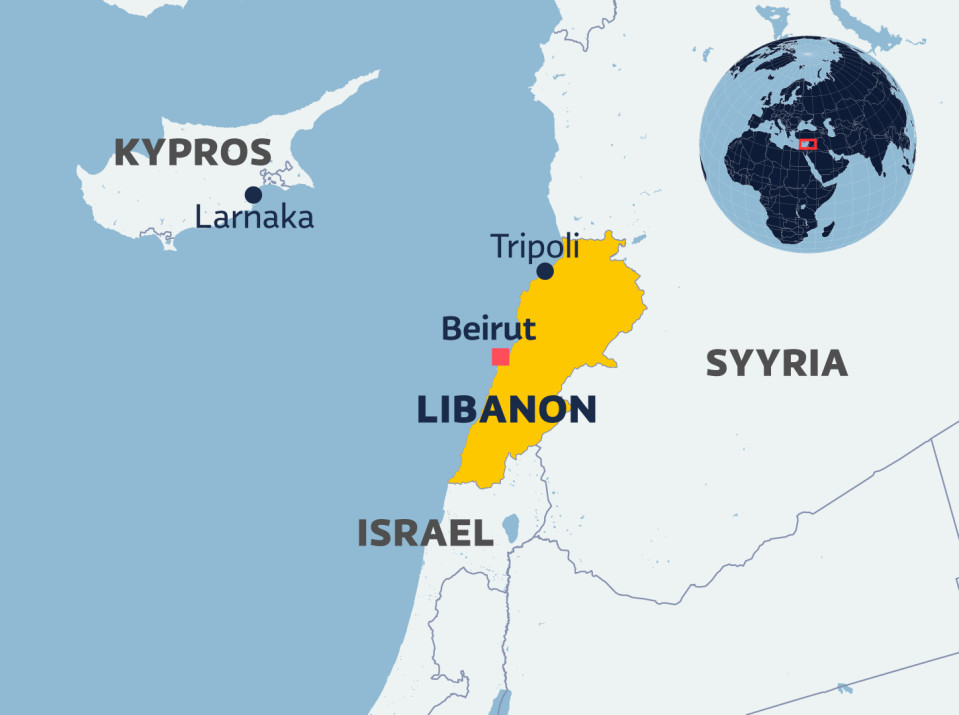 Kartalla merkattuna Libanon, Kypros, Syyria ja Israel. Lisäksi Larnakan, Beirutin ja Tripolin kaupunkien sijainnit markattu. 