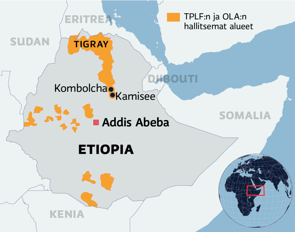 Kartalla Etiopiaa hallitsevien TPLF:n ja OLA:n alueet.