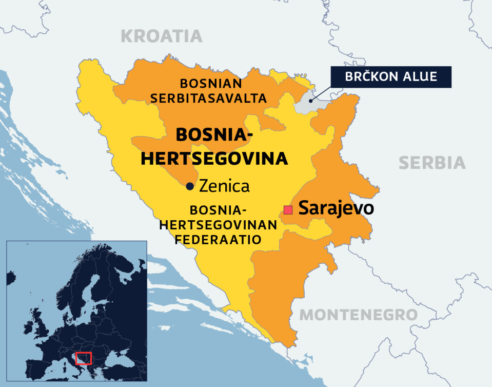 Kartalla Bosnia-Hertsegovinan poliittiset alueet Bosnian serbitasavalta, Brckon alue ja Bosnia-Hertsegovinan federaatio.