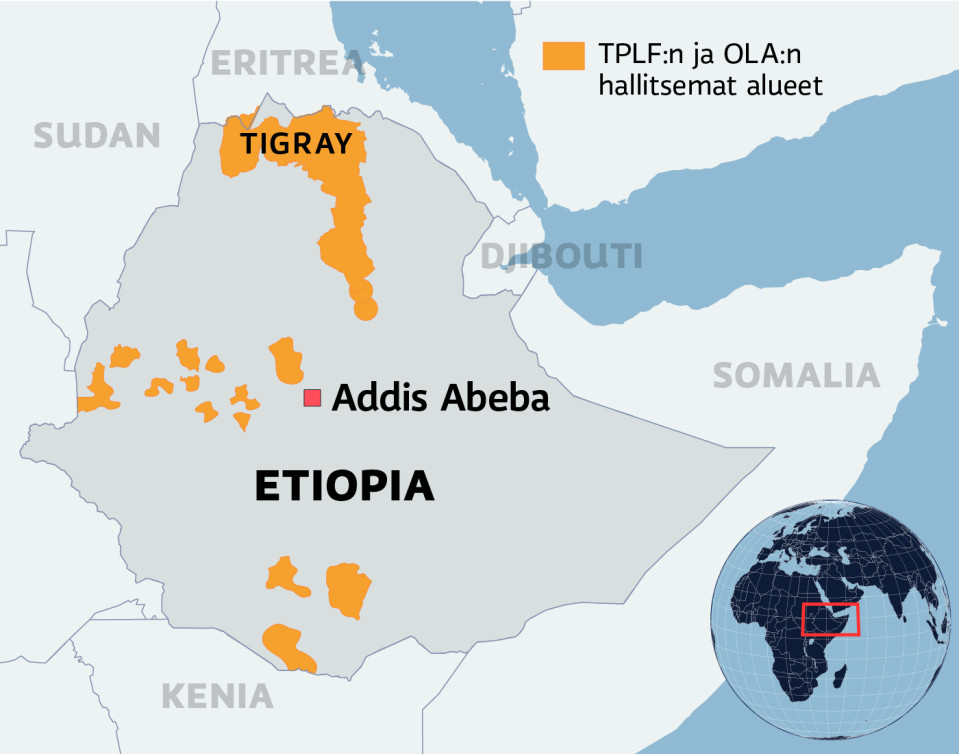 Kartalla TPLF:n ja OLA:n hallitsemat alueet Etiopiassa.