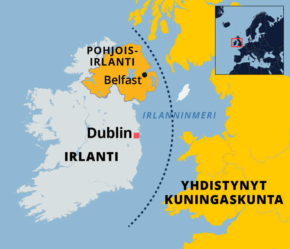 Kartta Pohjois-Irlannista ja Irlanninmerellä olevasta Irlannin ja Yhdistyneen kuningaskunnan välisestä merirajasta.