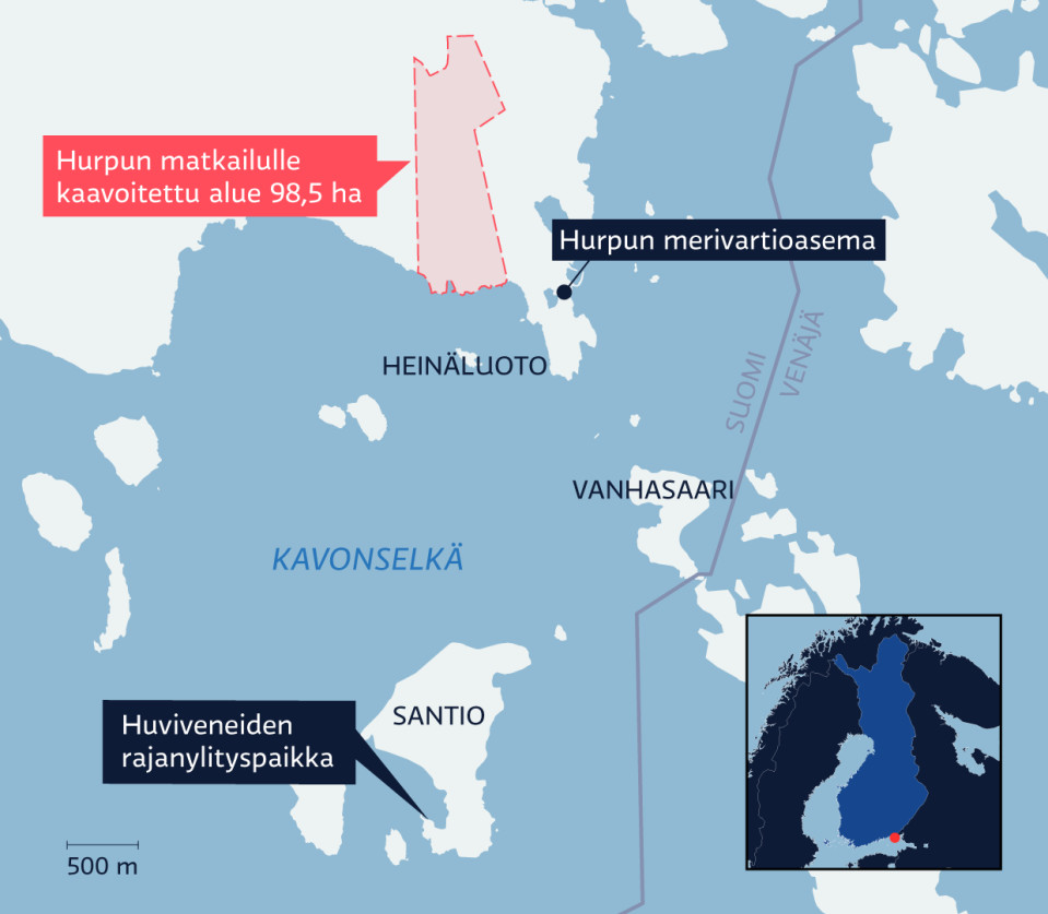 Hurpun matkailulle kaavoitettu alue merkattuna kartalle. 