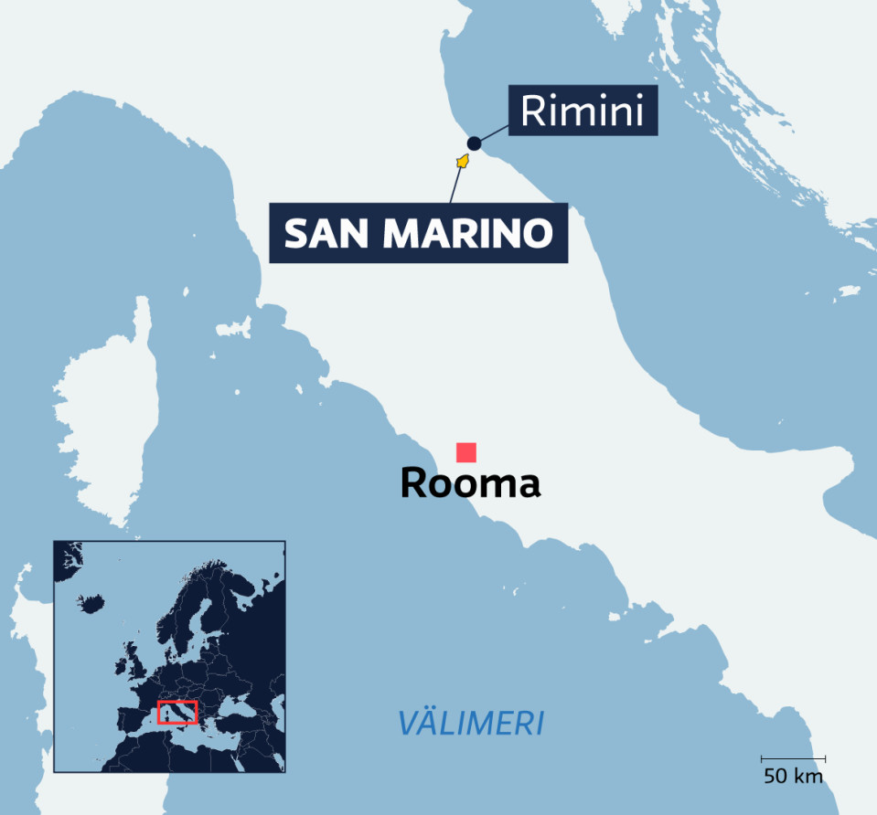 Kartalle merkattuna San Marino, Italialainen kaupunki Rimini sekä Italian pääkaupunki Rooma. 