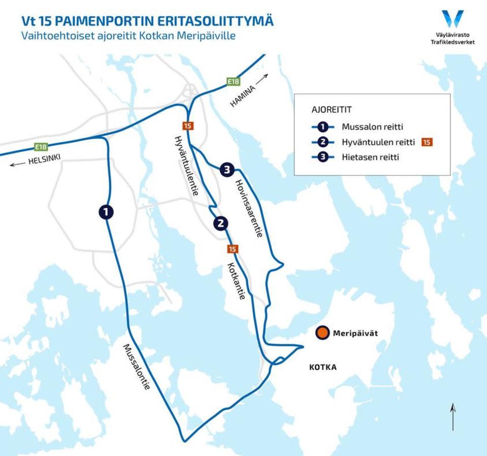 Kartta, jossa kolma ejoreittiä kotkan keskustaan; Mussalon, Paimenportin ja Hietasen kautta.