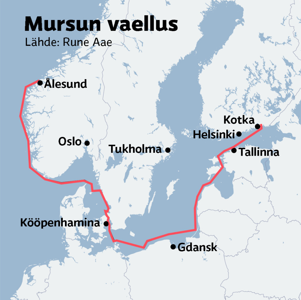 Mursun vaellusreitti Ålesundista Kotkaan -kartta.