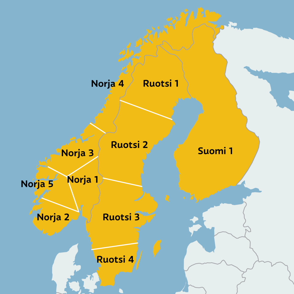 Kartta Ruotsin, Norjan ja Suomen sähköhinta-alueista.