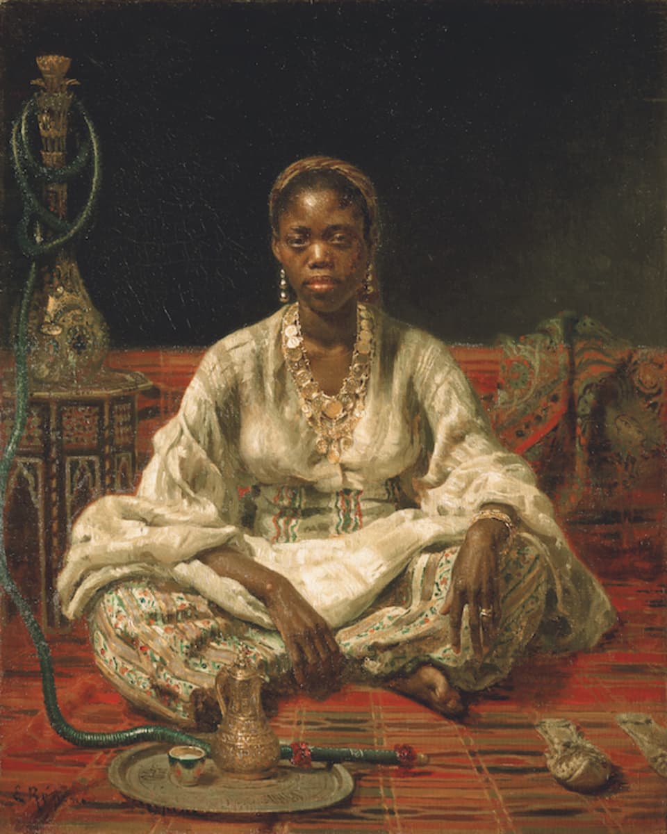 Ilja Repin: Musta nainen. Koruin koristeltu nainen punaisella matolla.
