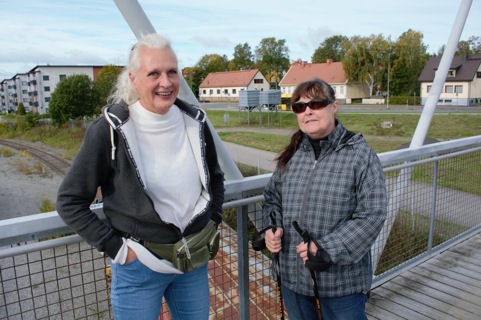 Pirkko Rajala ja Seija Mäkimattila Turun kävelysillalla. 