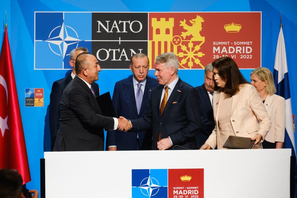 Mevlut Cavusoglu and Pekka Haavisto shake hands.  In the background, e.g.  Recep Tayyip Erdogan.