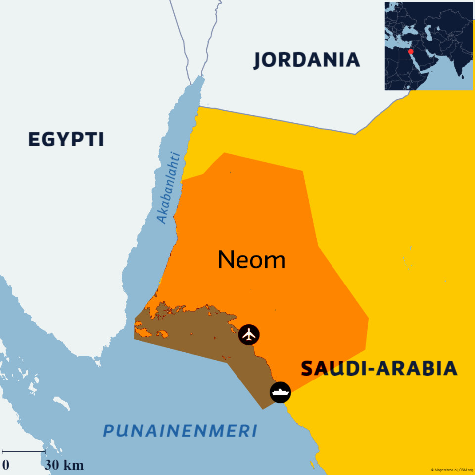 Kartta Neomin alueesta Punaisenmeren rannalla Saudi-Arabiassa.