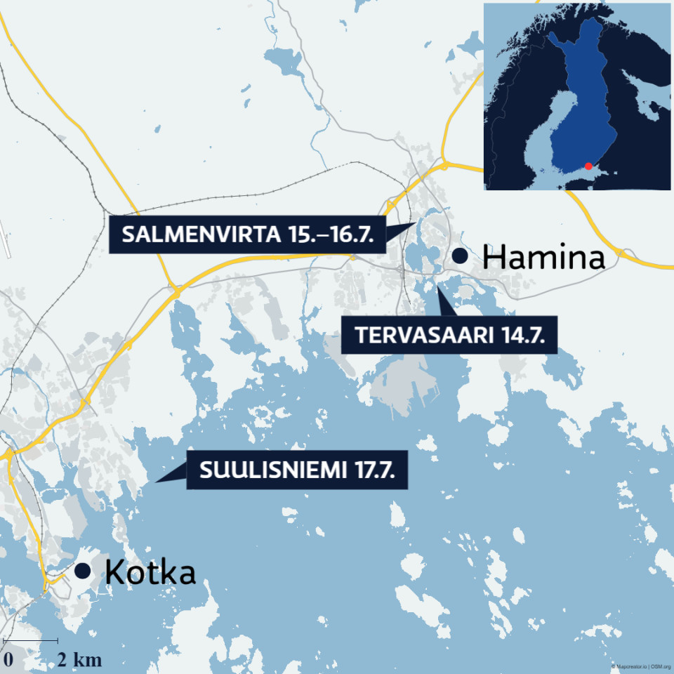 Kartta, joka näyttää mursun olinpaikat Haminassa ja Kotkassa.