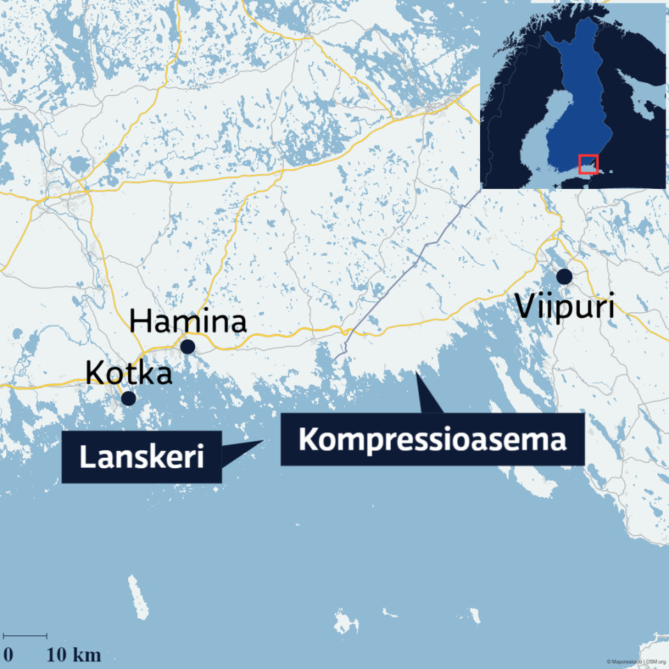 Kartta, joka näyttää itärajalla Lanskerin saaren ja Venäjän puolella Kompressioaseman.