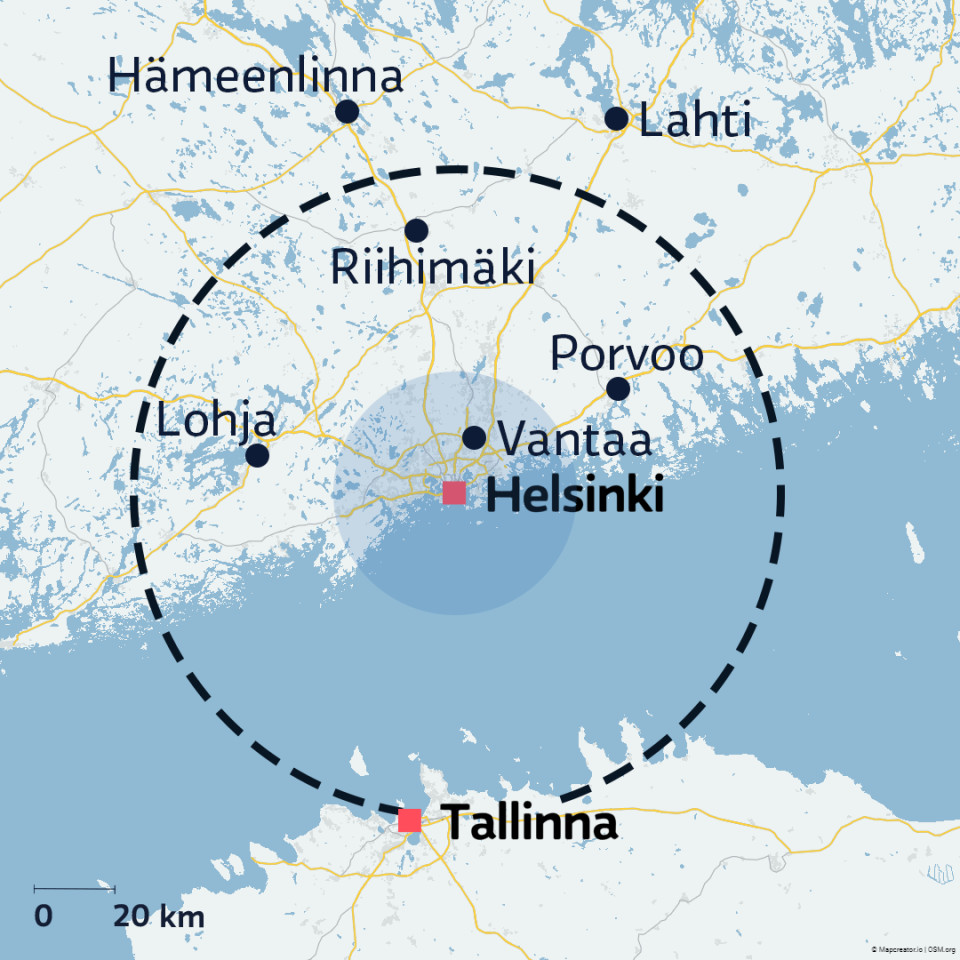 Karttaan on piirretty 30 km:n ja 80 km:n etäisyydet Helsingin keskustasta.