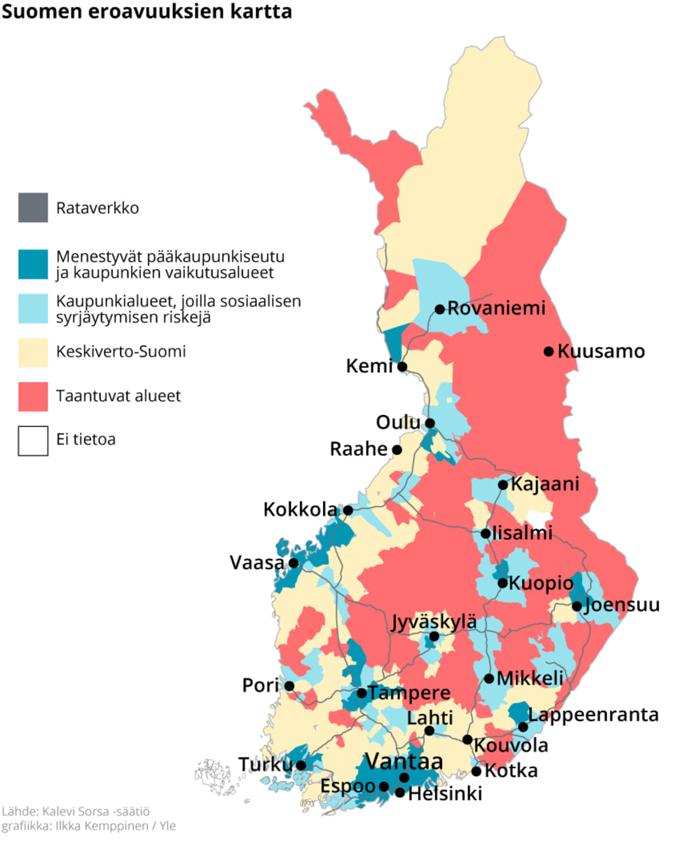 Suomen kartta johon on merkitty menestyvät ja taantuvat alueet.