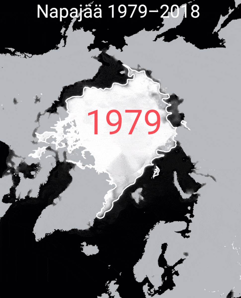 Napajään pinta-ala 15.9. 1979–2018 (materiaalista puuttuvat vuodet 1981, 1983 ja 1984). Valkoinen rajaviiva kuvassa, on vuoden 1979 jääpeitteen laajuus. 