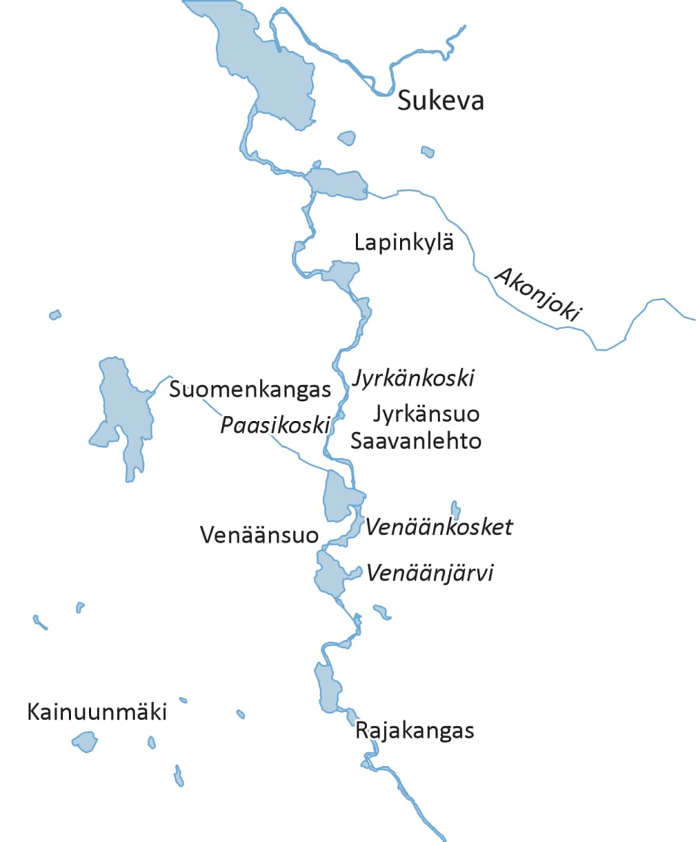 Kuva kartasta, jossa näkyy vesialueita ja paikannimiä.